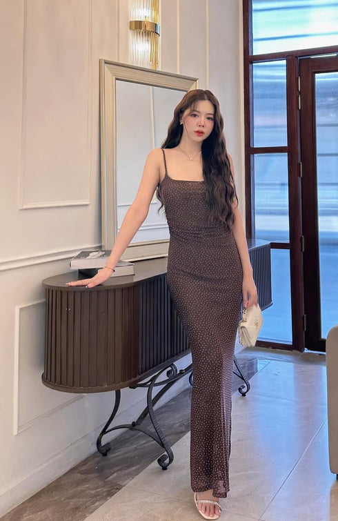 Sparkly Deep Back Lace Long Body-con Maxi Dress